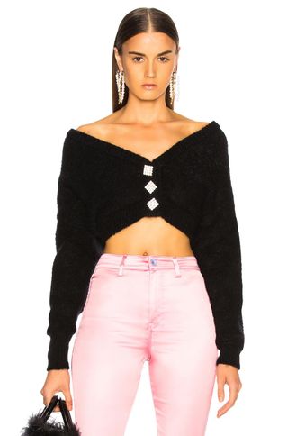 Alessandra Rich + Cropped Mohair Off Shoulder Cardigan
