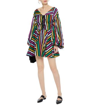 Caroline Constas + Lace-Up Striped Cotton-Poplin Mini Dress