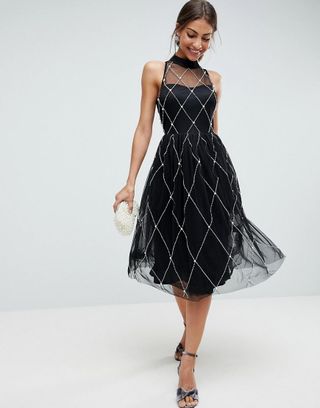 ASOS + High Neck Pearl Embellished Midi Prom Dress