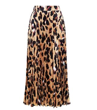 New Look + Brown Leopard Print Pleated Satin Midi Skirt
