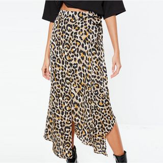 Missguided + Brown Leopard Print Hanky Hem Midi Skirt