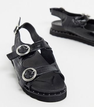 Glamorous + Wide Fit Flat Sandal in Black Mock Croc