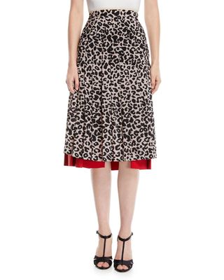 N0. 21 + Pleated Leopard-Print Draped Silk Midi Skirt