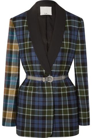 Tibi + Oversized Belted Tartan Wool Blazer