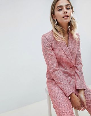 ASOS Design + Tailored Double Breasted Blazer in Red Check