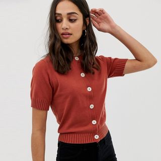 ASOS Design + Short Sleeve Fine Knit Cardigan with Buttons