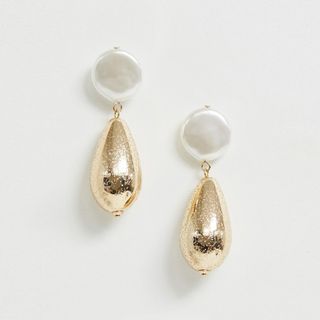 ASOS Design + Earrings with Worn Metal Drop and Faux Freshwater Pearl in Gold