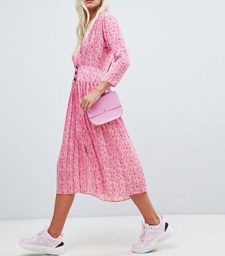 ASOS + Pleated Midi Dress With Side Buttons in Ditsy Floral