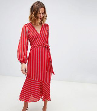 Warehouse + Wrap Front Midi Dress With Tie Detail in Red Stripe