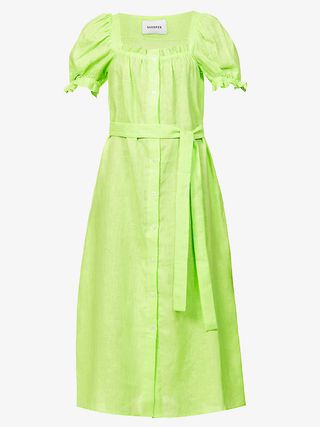 Sleeper + Brigette Puffed-Sleeve Linen Midi Dress