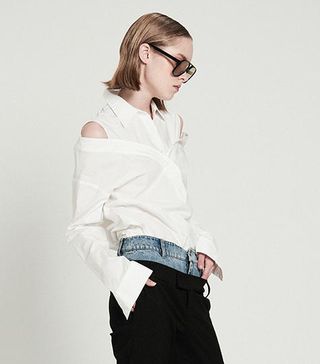 Front Row Shop + Off Shoulder Back Letter Embroidery Mock Two Piece Shirt