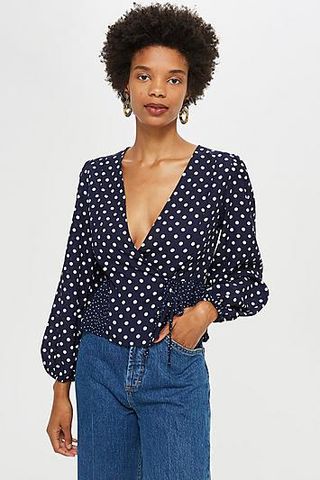 Topshop + Mix Polka Dot Wrap Blouse