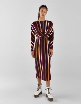 Bershka + Striped Midi Dress with Belt