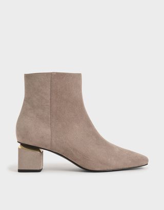 Charles & Keith + Taupe Textured Block Heel Ankle Boots