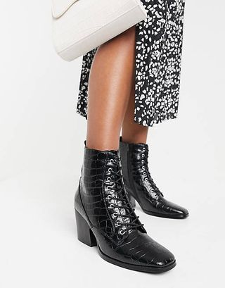 Glamorous + Lace Up Heeled Ankle Boots With Square Toe in Black Croc