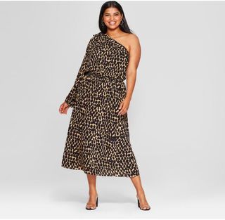 Who What Wear + Leopard Print Long Sleeve One Shoulder Midi Dress