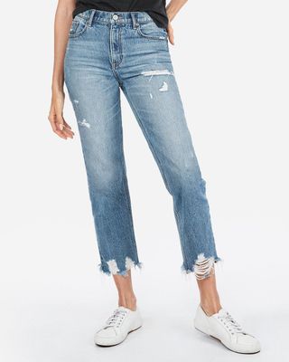 Express + High Waisted Destroyed Hem Straight Cropped Jeans