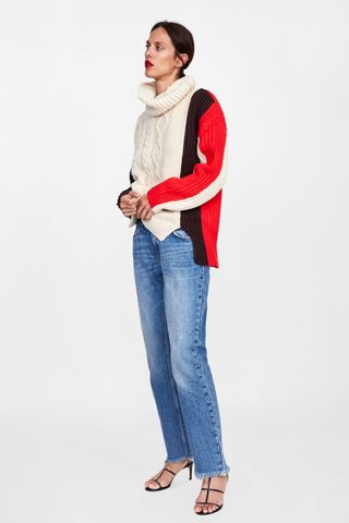 Zara + Color Block Cable Knit Sweater