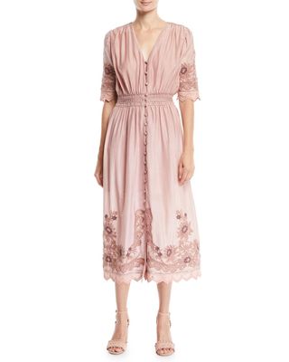Sea + Greta Elbow-Sleeve Floral-Embroidered Midi Dress