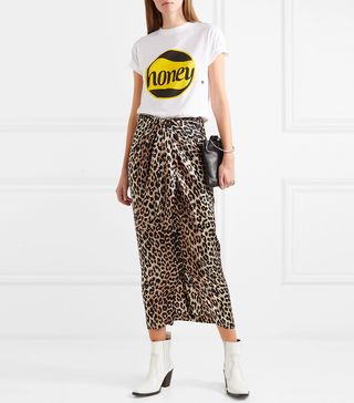 Ganni + Calla Wrap-Effect Leopard-Print Stretch-Silk Skirt