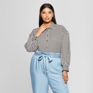 Who What Wear + Striped Long Puff Sleeve Button-up Shirt