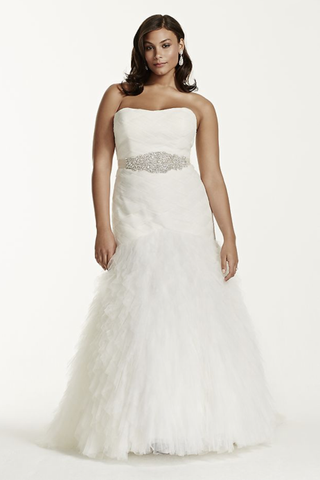 Galina Signature + Plus Size Gown with Basket Woven Bodice and Ruffled Skirt