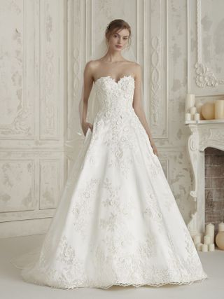 Pronovias + Strapless Sweetheart Neck Floral Applique BLL Gown Wedding Dress