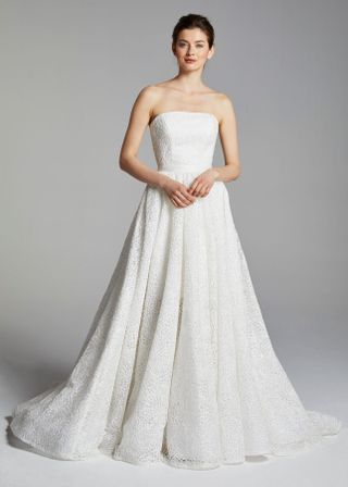 Anne Barge + Cocktail Length Strapless Wedding Dress with Overskirt