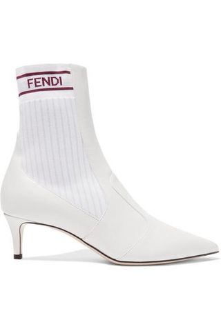 Fendi + Logo-Jacquard Ribbed Stretch-Knit and Leather Sock Boots