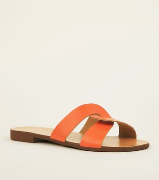 New Look + Wide-Fit Orange Leather Twist Strap Sandal