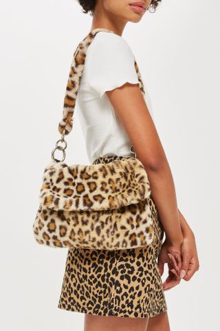 Topshop + Leopard Print Teddy Faux Fur Shoulder Bag