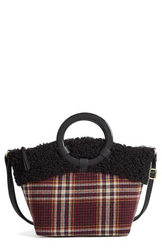 Bp. + Ring Handle Plaid Tote With Faux Shearling Trim