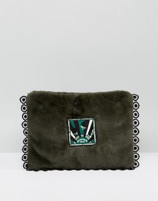 Anna Sui + Faux Fur Clutch Bag with Badge