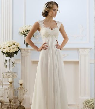 June Bridals + A-Line Long Cap-Sleeve Keyhole Chiffon Dress in Lace