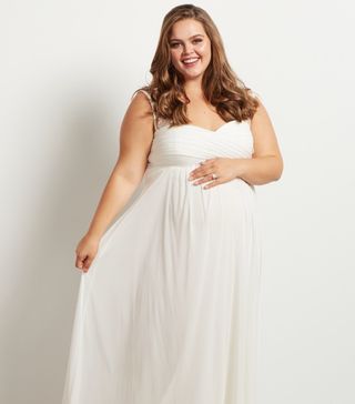 Pink Blush + Plus Size Ivory Lace Accent Chiffon Maternity Evening Gown