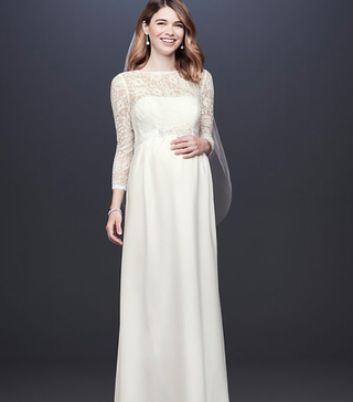 David's Bridal Collection + 3/4 Sleeve Crepe Sheath Maternity Wedding Dress