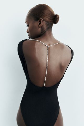 Zara + Rhinestone Chain Knit Bodysuit