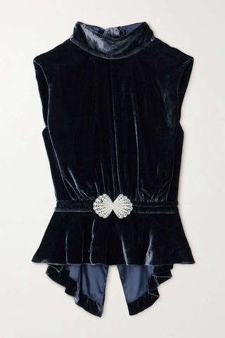 Saloni + Fleur Embellished Gathered Velvet Peplum Top