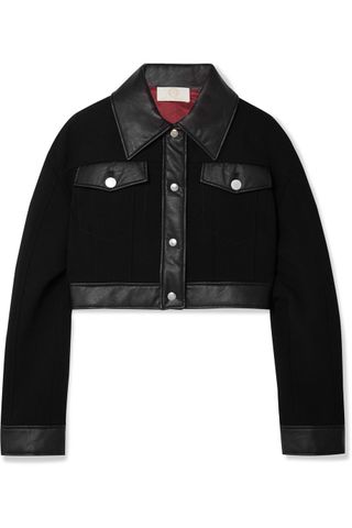 Sara Battaglia + Cropped Faux Leather-trimmed Wool-crepe Jacket