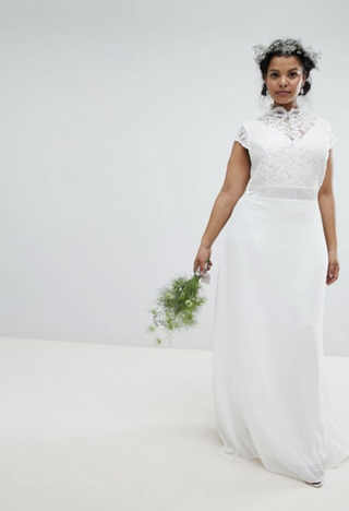 TFNC + Bridal Maxi Dress with Scalloped Lace and Open Back