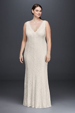 David's Bridal + Allover Lace V-Neck Sheath Wedding Dress