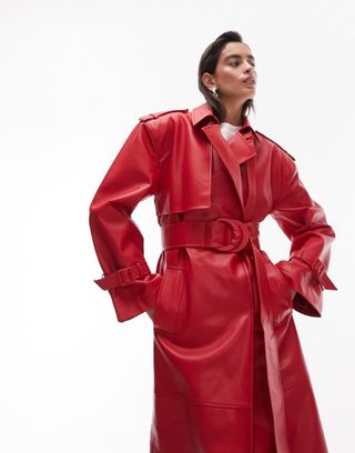 Topshop + Long-Line Faux Leather Trench Coat in Red