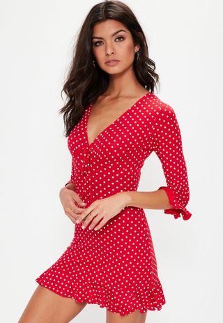 Missguided + Red Polka Dot Print Frill Tea Dress
