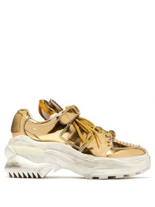 Maison Margiela + Retro Fit Deconstructed Low Top Leather Trainers in Gold