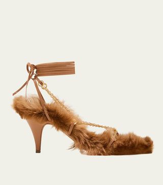 Khaite + Marion Shearling Chain Ankle-Wrap Sandals