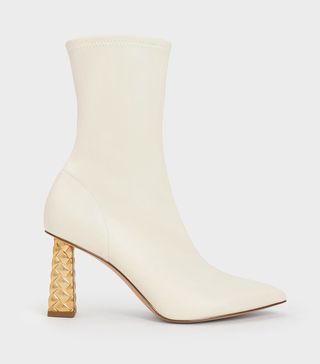 Charles & Keith + Chalk Pointed-Toe Quilted Heel Ankle Boots