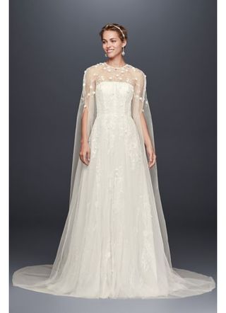 David's Bridal + Long Tulle Cape With 3D Flowers