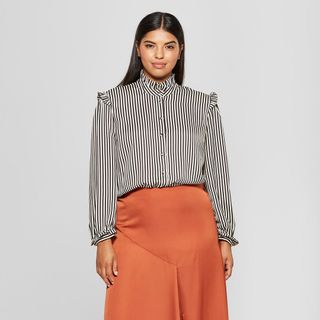 Who What Wear + Striped Long Sleeve Silky Ruffle Blouse