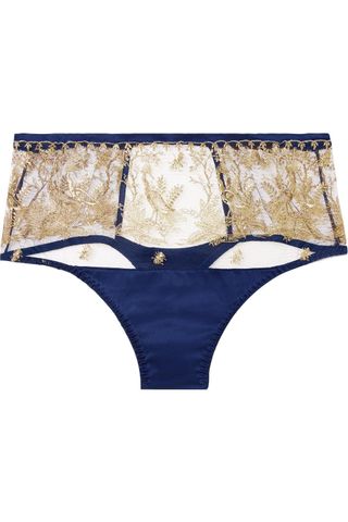 Coco de Mer + Golden Heron Embroidered Tulle and Silk-Blend Satin Thong