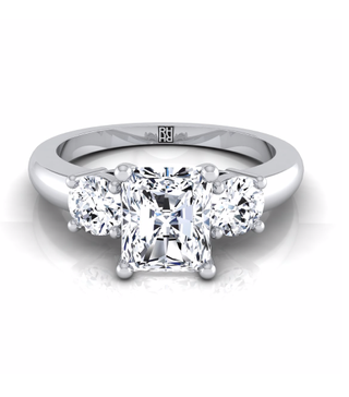RockHer + Diamond 3 Stone Engagement Ring With Radiant Cut Center and Round Side Stones`